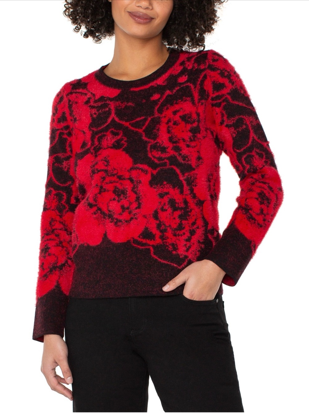 Liverpool Jeans Company Red and Black Floral Crew Neck Sweater
